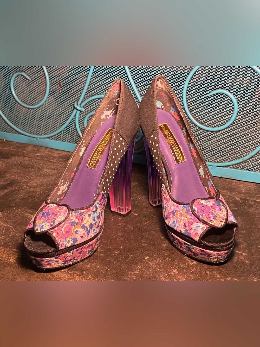 BABYCHAM platform peep toe pin up pumps,clear purple heels,hearts,polka dots, 7